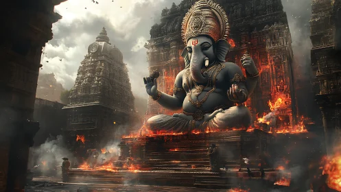 Colossal ganesha statue dominates burning temple ruins.