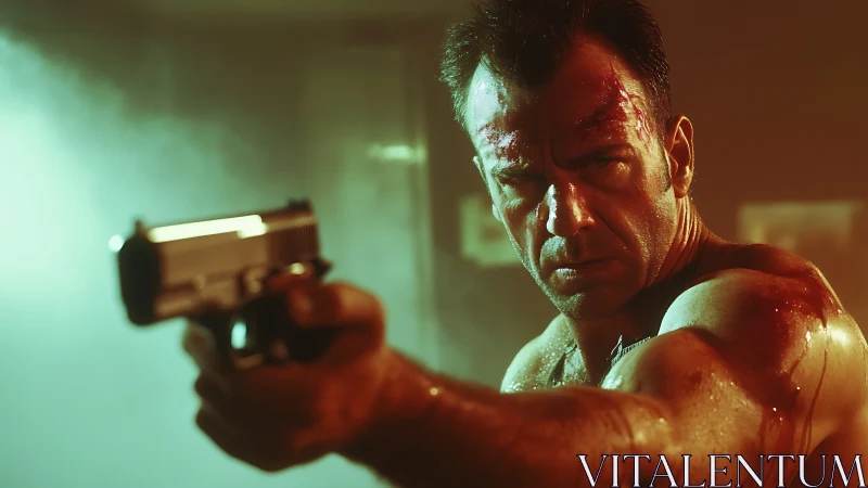 Battle-worn action hero aims pistol in smoky teal light.