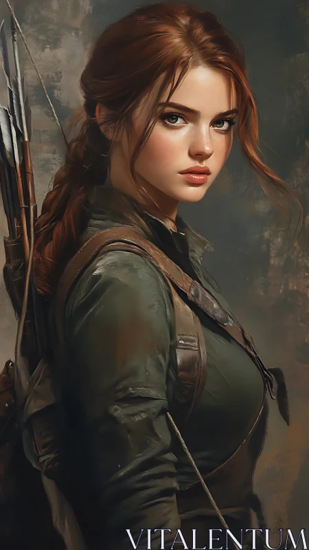 Fiery haired archer stands poised in a muted battle haze