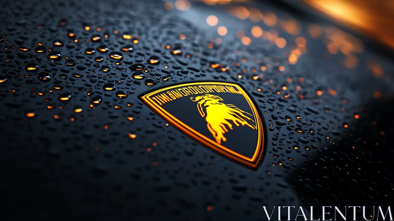 Sports car hood emblem glows through reflective rain droplets