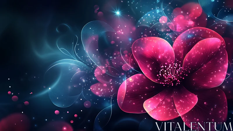 Glowing pink digital flower on dark abstract background.