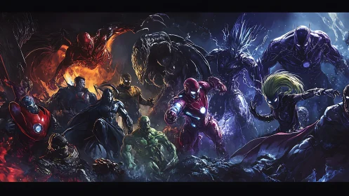 Armored superheroes clash with dark cosmic adversaries