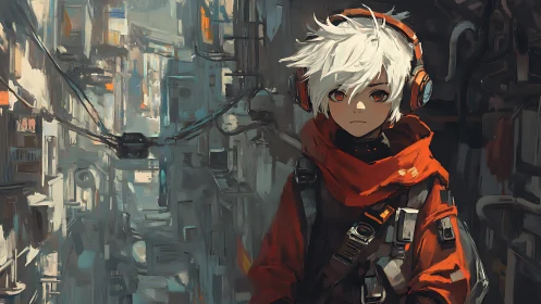 Cyberpunk youth stands in painterly neon alleyway silence.