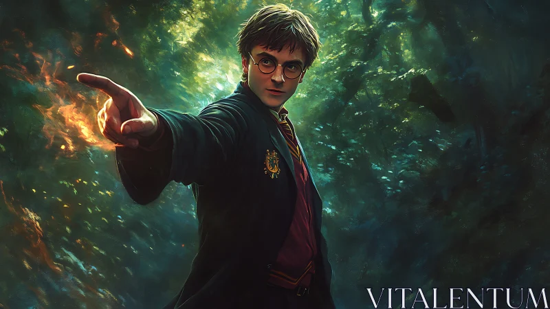 Young wizard casting fiery spell in an enchanted forest.