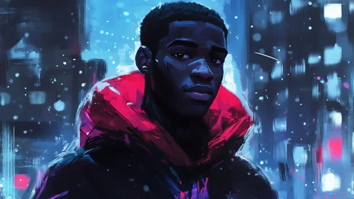 Digital portrait of man in red jacket against city lights.