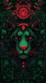 Neon jungle monarch lion crowned by cyber totem halo.
