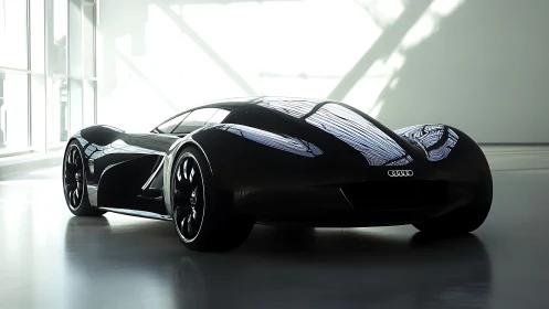 Midnight Audi concept glides through sculpted gallery light.