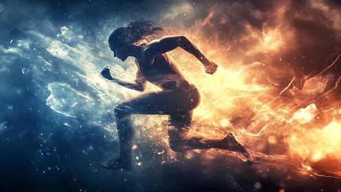 Blazing runner bursts forward between fire and ice energy