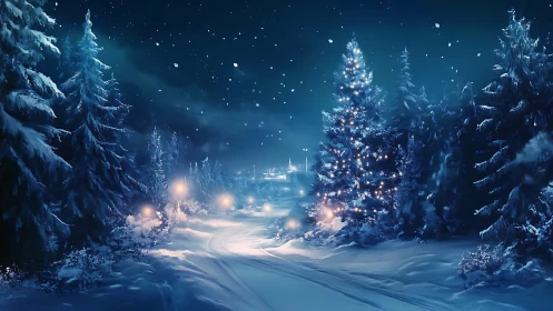 Snowlit forest lane wrapped in gentle winter starlight.