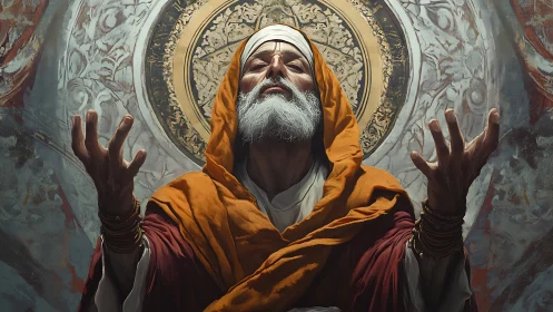 Elder mystic in golden robe invoking light before ornate halo.