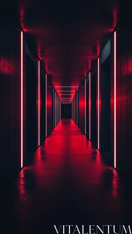 Neon red corridor with infinite vanishing point symmetry.