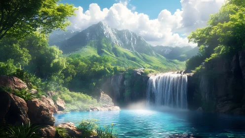 Mountain waterfall cascades into luminous turquoise pool.