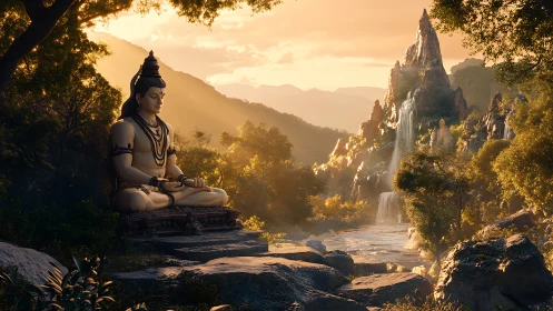 Peaceful Shiva statue in golden mountain forest sunrise.