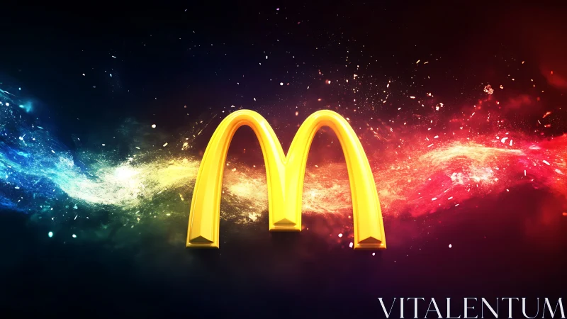 Golden arch logo against vivid cosmic color wave.