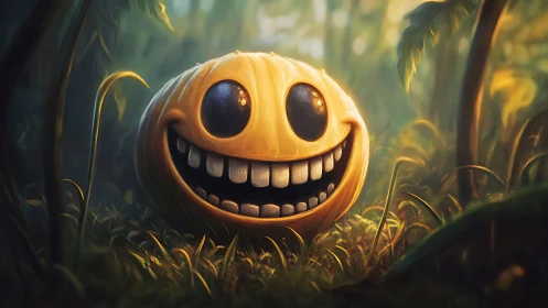 Smiling cartoon pumpkin head glowing in lush forest.