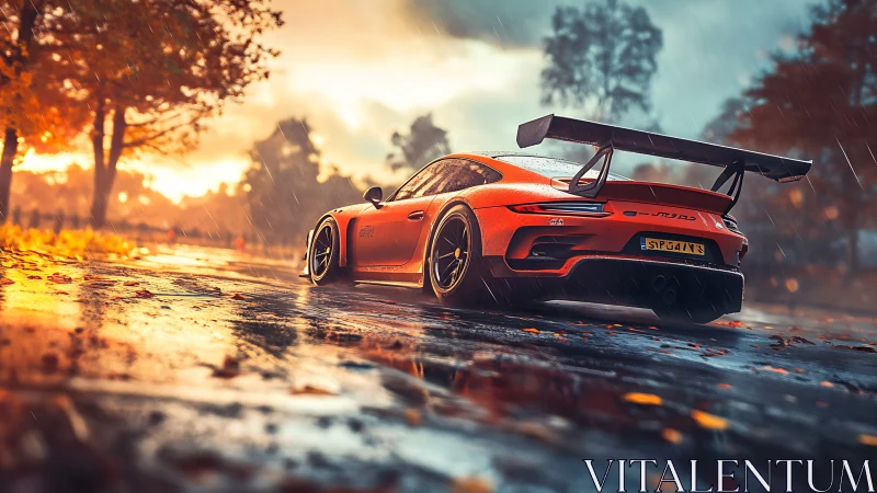 Orange track car on wet autumn road under rainfall conditions.