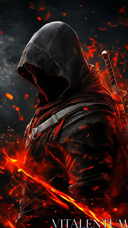 Hooded warrior stands in blazing embers with quiet resolve