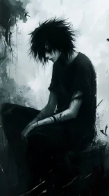 Shadowed dreamer folds into stormy monochrome silence