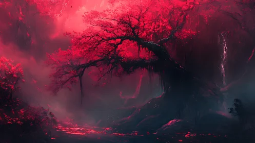 Solitary red-canopied tree in dense misted woodland.