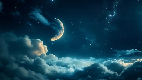 Moonlit clouds drift gently under a dreamy starlit sky