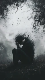 Solitary figure dissolving into stormlike particulate void.