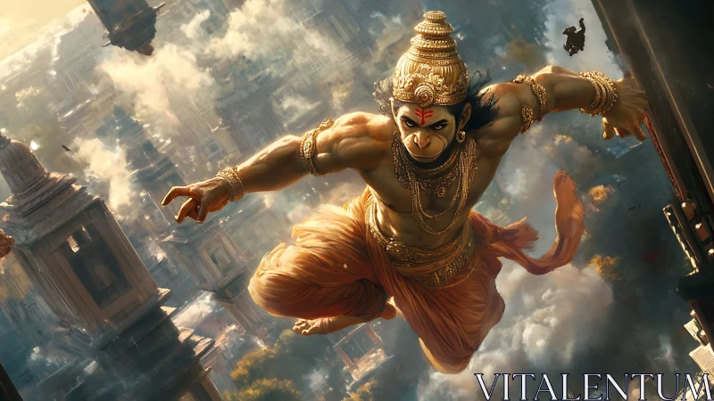 Mythic warrior leaping over smoky ancient cityscape.