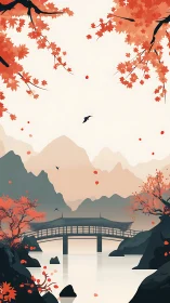 Crimson leaves drift softly above a serene mountain bridge