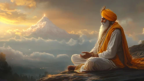 Meditating elder in orange turban overlooks sunlit alpine peak