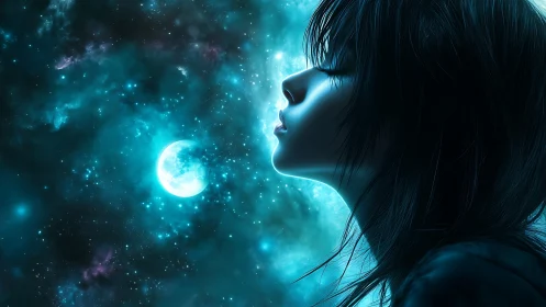 Profile of young woman against glowing blue cosmic sky.