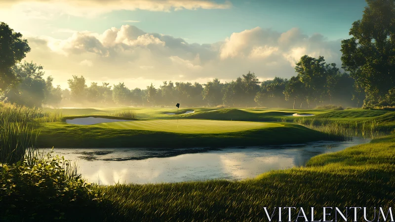 Golf green near reflective water under low morning sunlight
