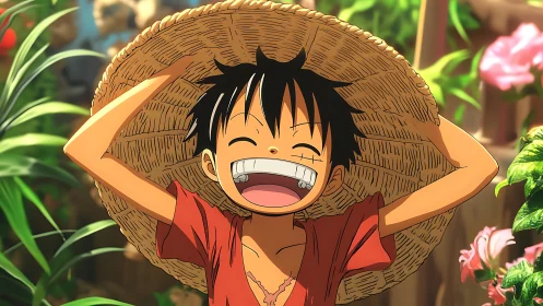 Joyful boy lifts straw hat under warm garden sunlight.