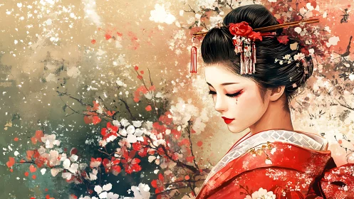 Geisha portrait with floral kimono in painterly setting.