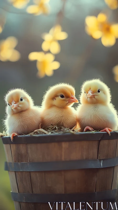 Triad of backlit chicks in shallow depth, soft bokeh field
