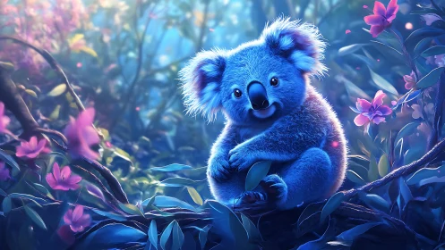 Dreamy blue koala nestled in a glowing flower forest.