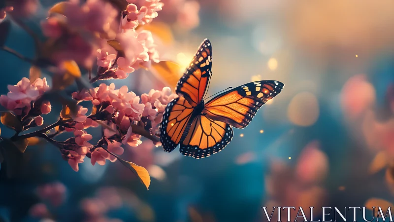 Monarch butterfly hovers near clustered blossoms in soft focus