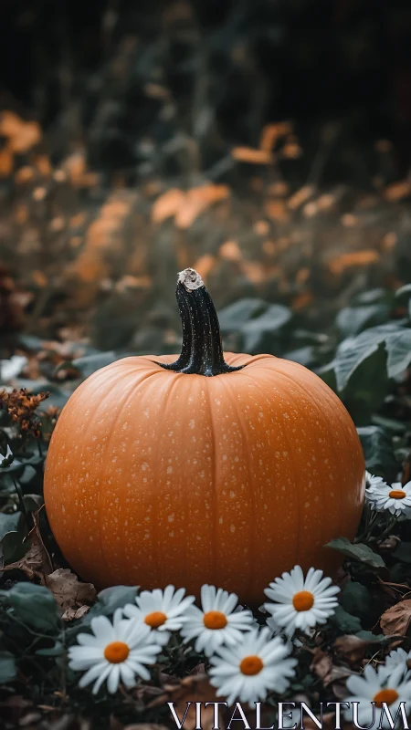 Cozy orange pumpkin nestled with gentle white garden daisies.