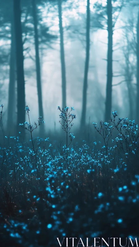Blue glowing wildflowers illuminate misty forest understory
