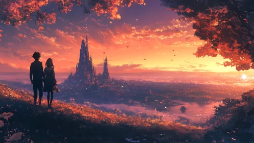 Lovers gaze toward a twilight castle over a glowing valley.