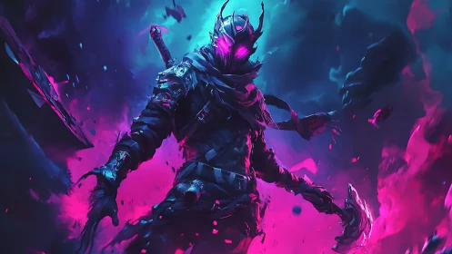 Neon shadow warrior rising through swirling cosmic fire.