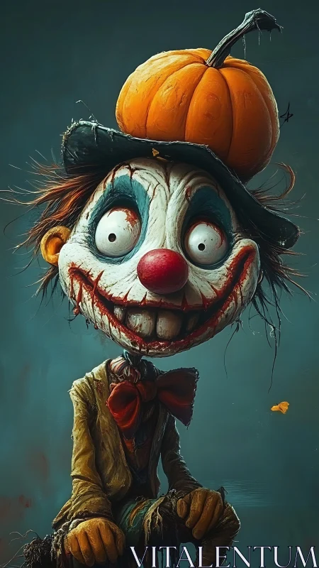 Creepy clown with pumpkin hat sits against teal background
