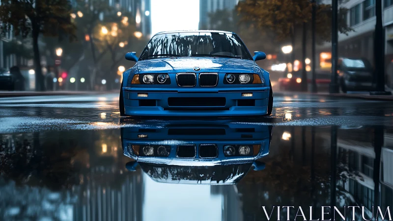 Bold blue city car glows softly in a rainy street reflection