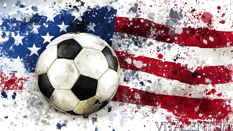 Soccer ball over splattered United States flag backdrop.
