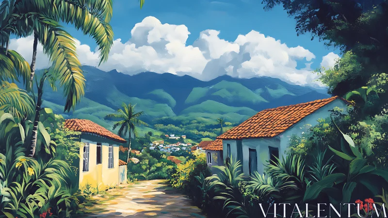 Sunlit tropical village lane beneath rolling emerald mountains.