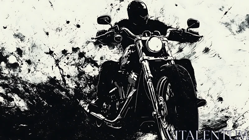 Ink-splattered thunder rolls forward on a shadowed motorcycle