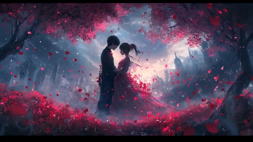 Romantic Figures Amid Crimson Petals and City Lights.