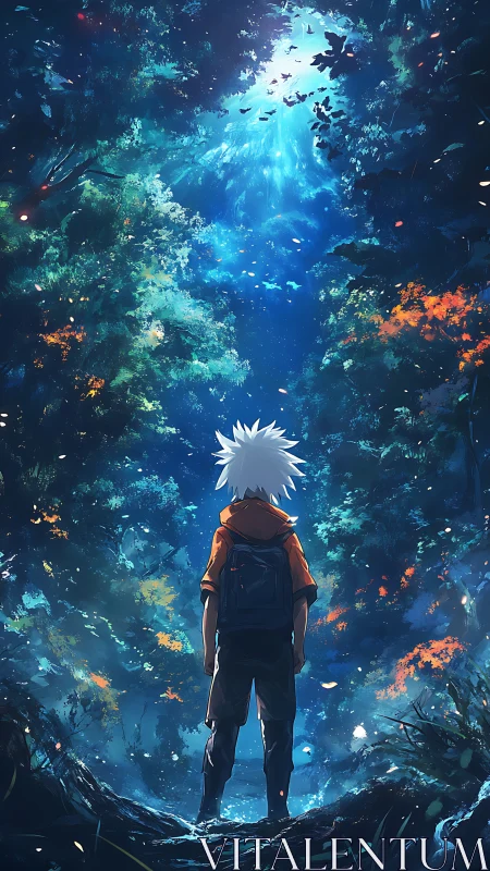 Solitary figure observing dense illuminated forest canopy.