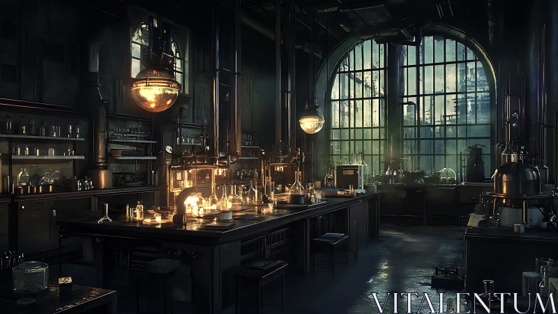 Industrial laboratory glows under moody atmospheric light.