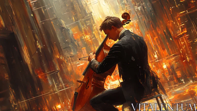 Cellist in blazing abstract city of molten light.