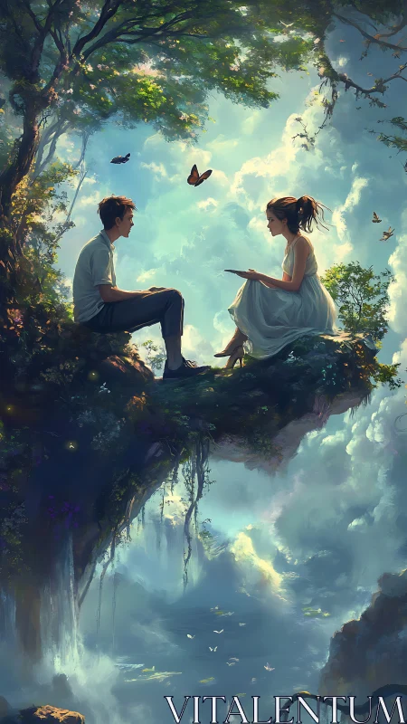 Two figures seated on suspended rock formation overlooking cloud landscape.