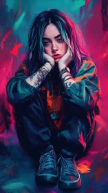 Neon-lit seated girl in hoodie with tattoos, bored expression